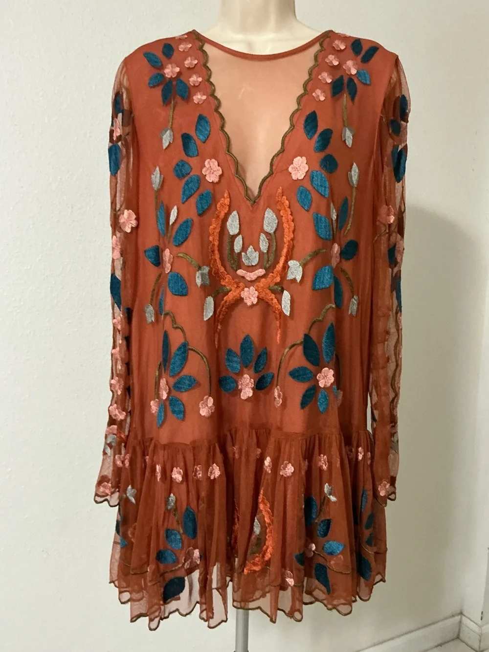 EUC Free People Hearts are Wild Burnt Orange Embroidered Dress Small